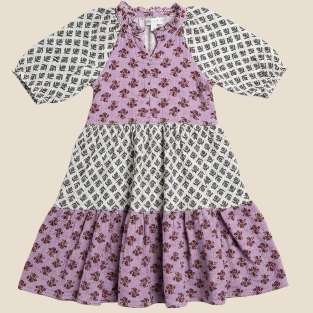 Zara Kids Girls Floral Block Print Tiered Gauze Dress Lavender Size 10 140cm